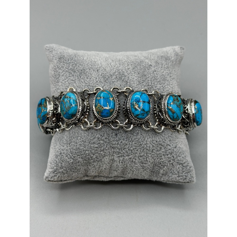Vintage 925 Sterling Silver Turquoise Bracelet Large Oval Stone Link Boho #1042
